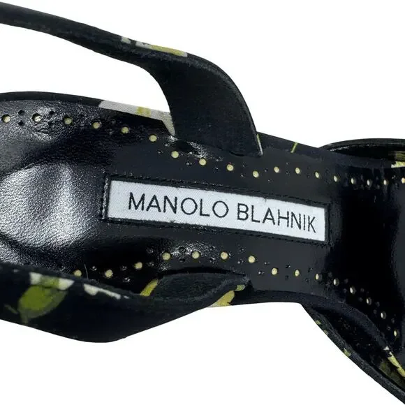 Manolo Blahnik Carolyne 50 Floral Slingback Pumps Black Yellow EU 36.5